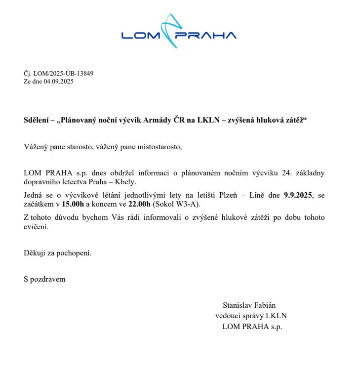 Výcvikové létání jednotlivými lety na letišti Plzeň – Líně se bude konat dne 9. 9. 2025 od 15:00 do 22:00.