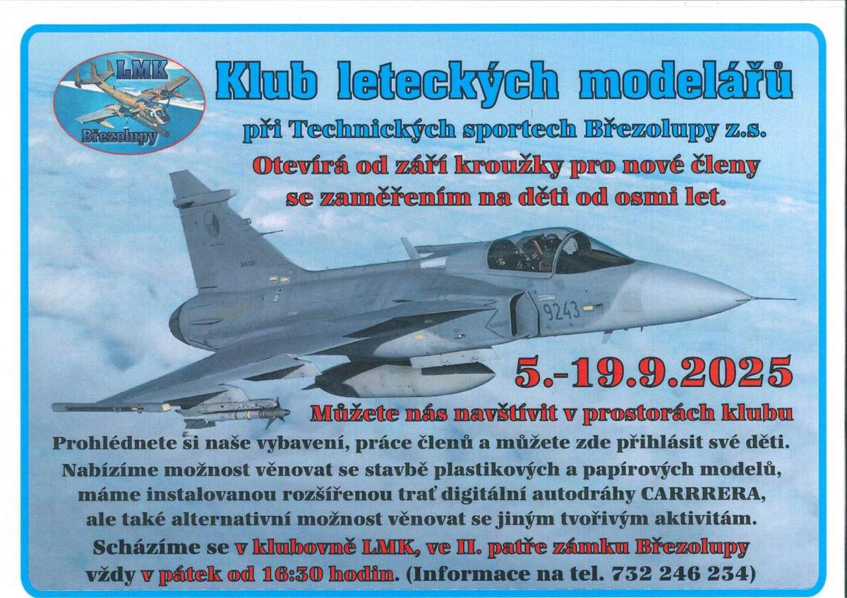 Klub leteckých modelářů otevírá od září kroužky pro nové členy se zaměřením na děti od osmi let. Více info v přiloženém letáčku