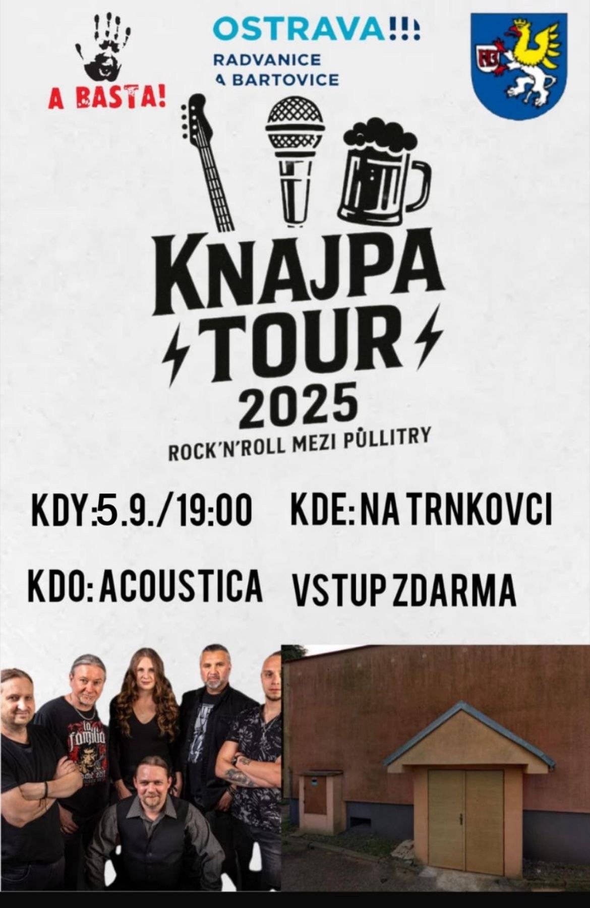 Vážení a milí občané, pokud jste si ještě nevybrali z dnešní nabídky akcí v obvodu, zastavte se na koncert Acousticy v 19.00 hodin do hospody Na Trnkovci. Jste srdečně vítáni. Vstup zdarma. Aleš Boháč