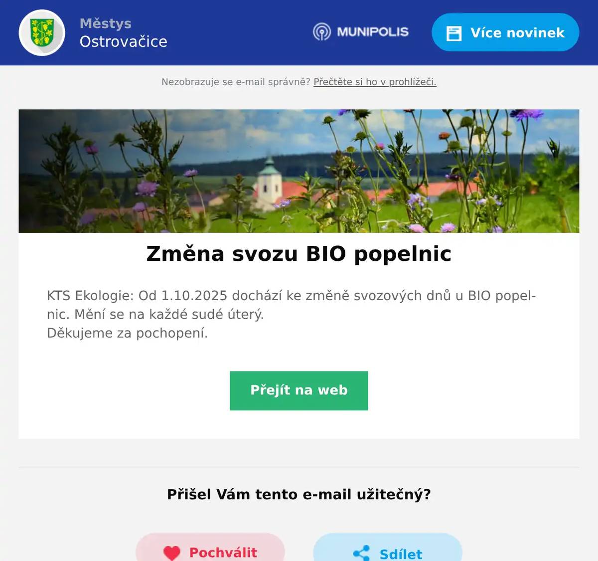 KTS Ekologie: Od 1.10.2025 dochází ke změně svozových dnů u BIO popelnic. Mění se na každé sudé úterý. Děkujeme za pochopení.