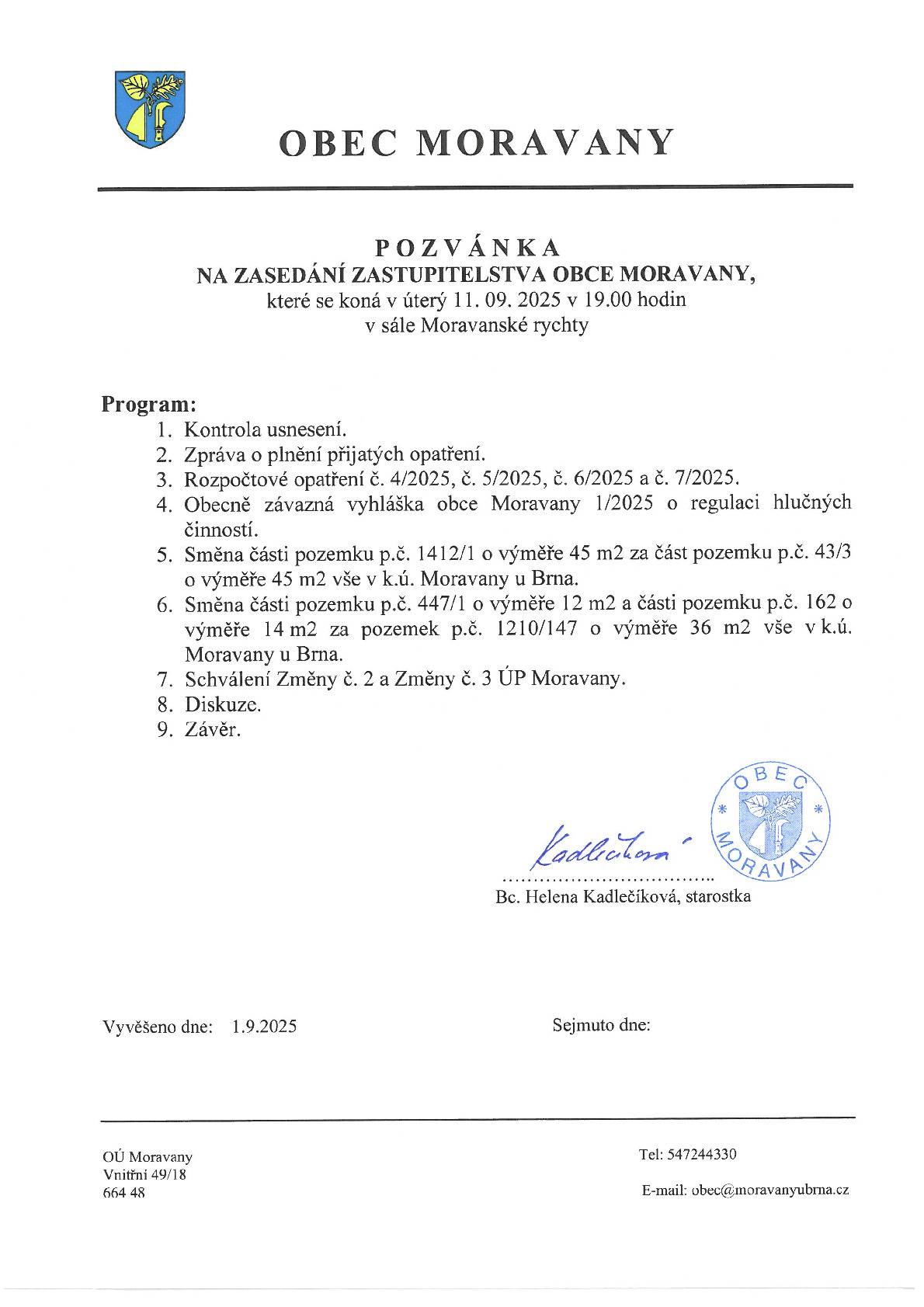 Pozvánka na zasedání Zastupitelstva obce Moravany  ve čtvrtek 11. 09. 2025.