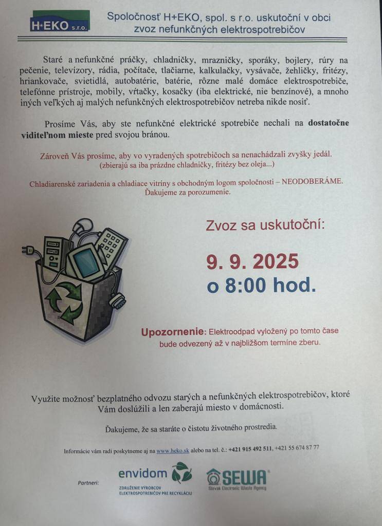 Využite možnosť bezplatného odvozu starých a nefunkčných elektrospotrebičov dňa 09.09.2025 o 08:00 hod.