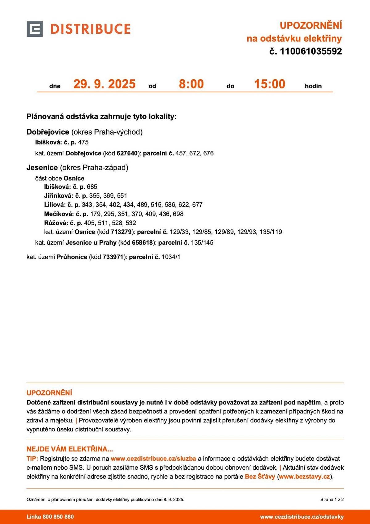 Oznámení o přerušení dodávky elektřiny dne 29.9.2025