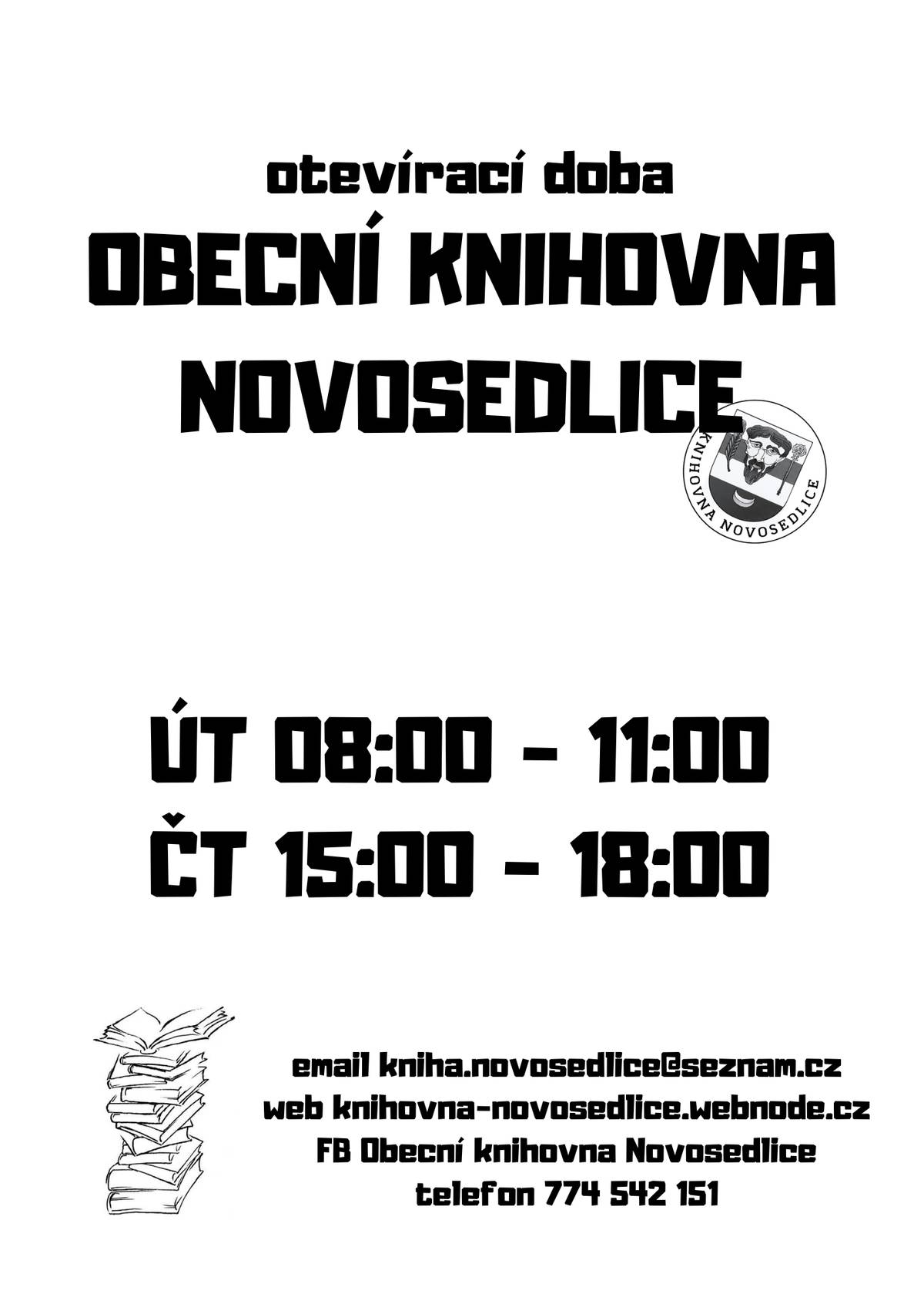 📚 Vážení čtenáři a vážené čtenářky, od září dochází ke změně otevírací doby Obecní knihovny Novosedlice, a to na základě podnětů pracujících obyvatel. 🕗 Úterý 8:00 – 11:00 🕒 Čtvrtek 15:00 – 18:00 Věříme, že tato úprava přispěje k větší dostupnosti knihovny a že se nám podaří získat i nové čtenáře. 📖✨ těšíme se na Vás, Ilona a Markéta, knihovnice