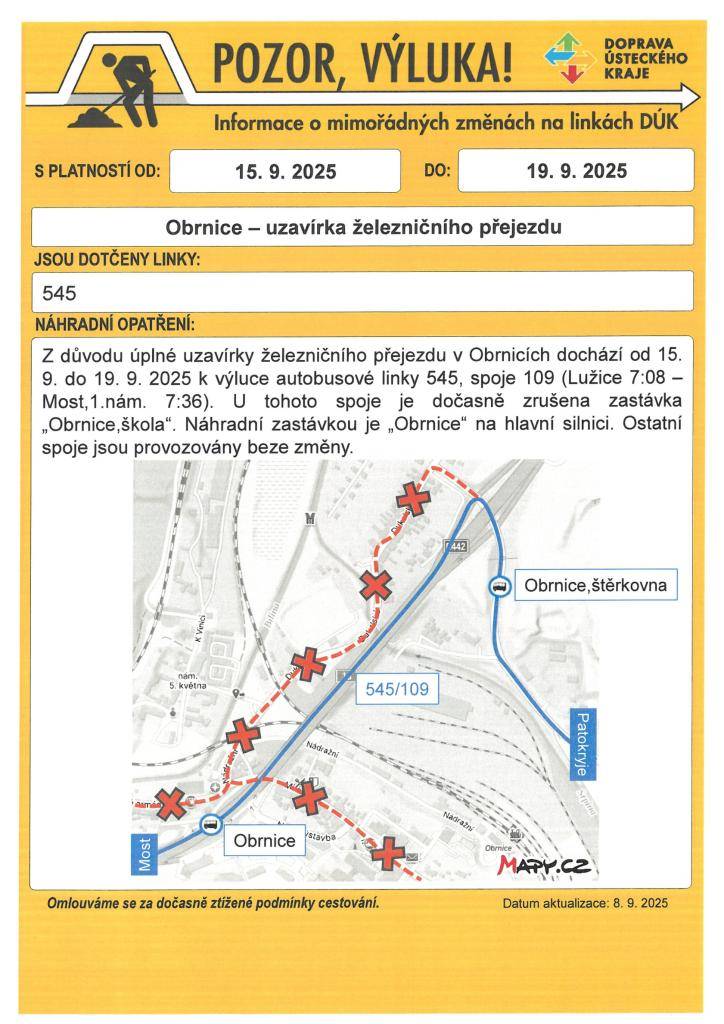 Výluka autobusové dopravy od 15. 9. - 19. 9. 2025.