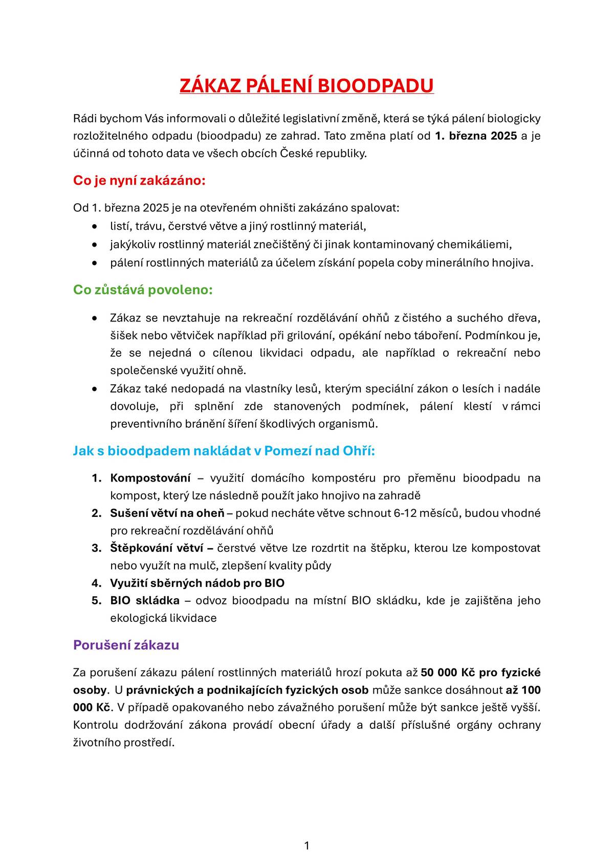 OÚ Pomezí nad Ohří informuje o legislativní změně, která se týká pálení bioodpadu ze zahrad