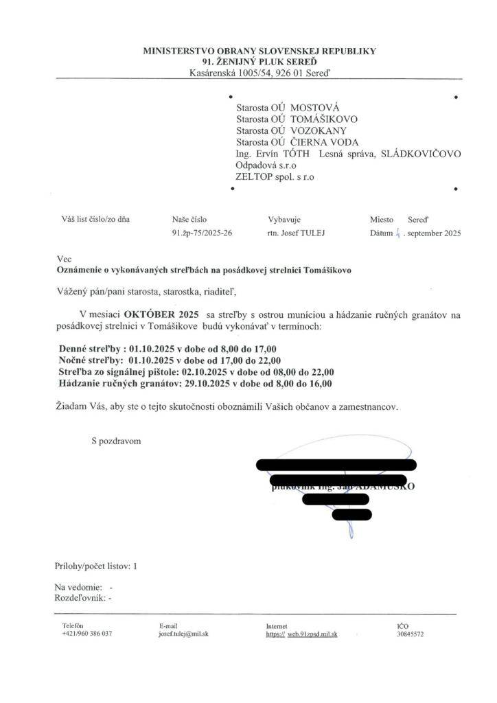 Oznámenie o vykonaní výcviku na strelnici v Tomášikove - streľby s ostrou muníciou a hádzanie ručných granátov