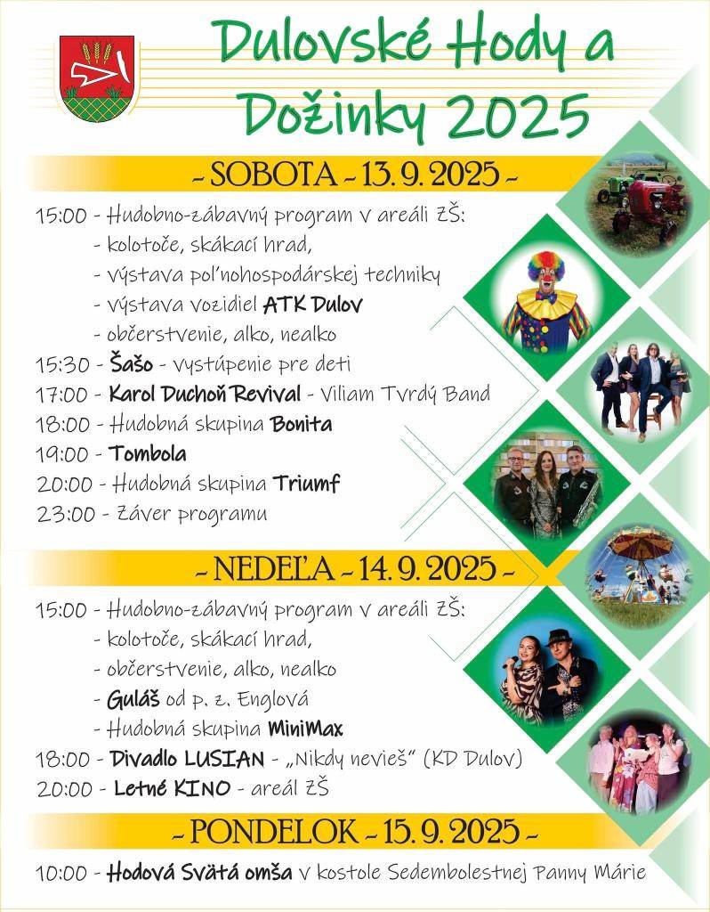 Srdečne pozývame na Dulovské hody a dožinky 2025 v dňoch 13.-15. septembra 2025.