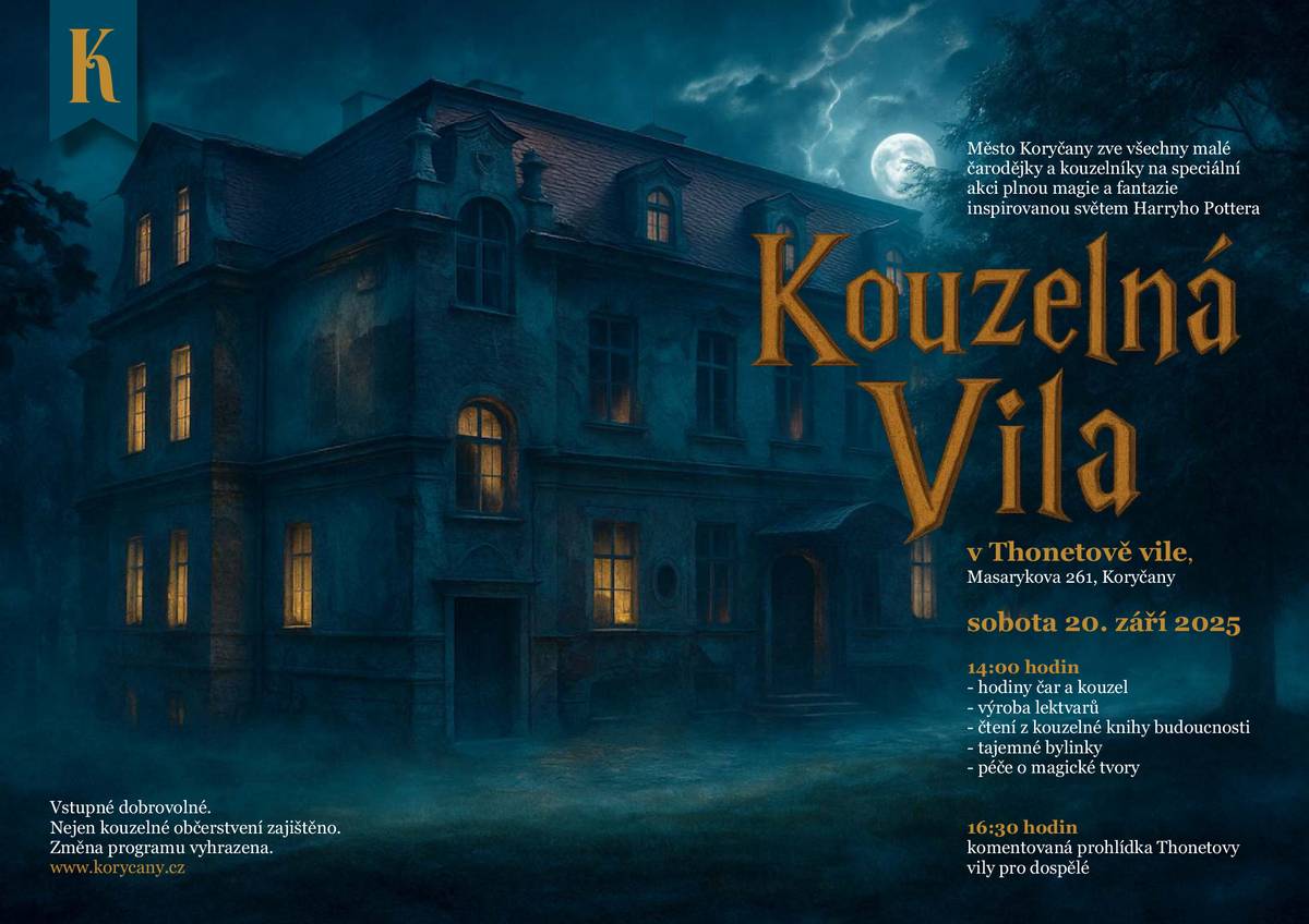 Pozvánka na akci „kouzelná vila", kterou pořádá Město Koryčany. Jedná se o akci pro děti s možností komentované prohlídky vily pro dospělé.