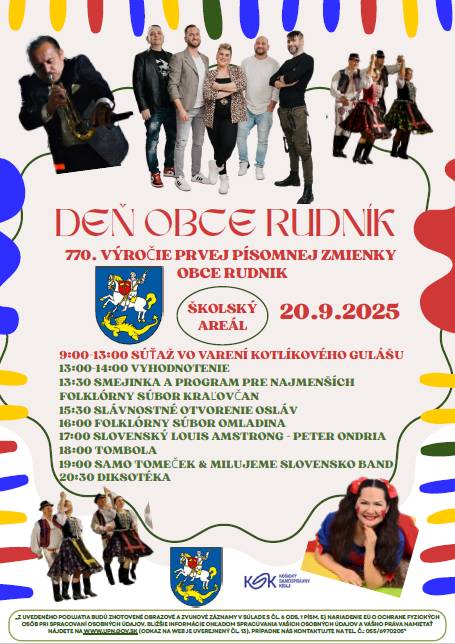 Obec Rudník oslávi 770. výročie prvej písomnej zmienky podujatím plným zábavy a kultúry, ktoré sa uskutoční 20. septembra 2025.