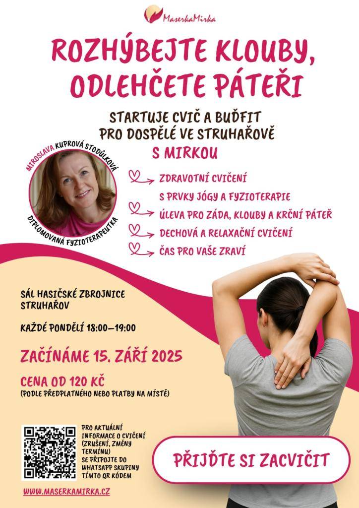 Cvičení CVIČ a BUĎFiT pro dospělé startuje již 15. září 2025 ve Struhařově. Scházet se budeme každé pondělí od 18:00 do 19:00 hodin v sále hasičské zbrojnice.