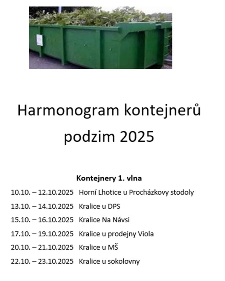 Bioodpad bude na podzim svezen ve dvou vlnách.  Připomínáme rozdělení kontejnerů - jeden na měkký bioodpad a druhý na větve.  Prosíme o dodržování třídění