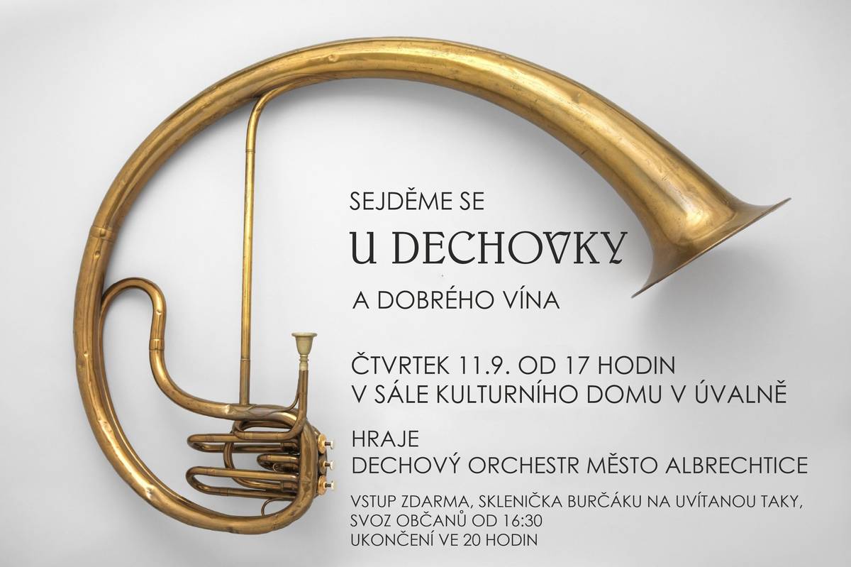 Přijďte na Dechovku! Ve čtvrtek 11.9. (tedy už tento týden) bude v našem sále hrát Dechový orchestr Města Albrechtic - od 17 hodin do cca 20... Vstup je zdarma, budeme svážet obecním vozem jako to děláme na schůze (tedy od 16:30), na uvítanou dostanete skleničku burčáku.