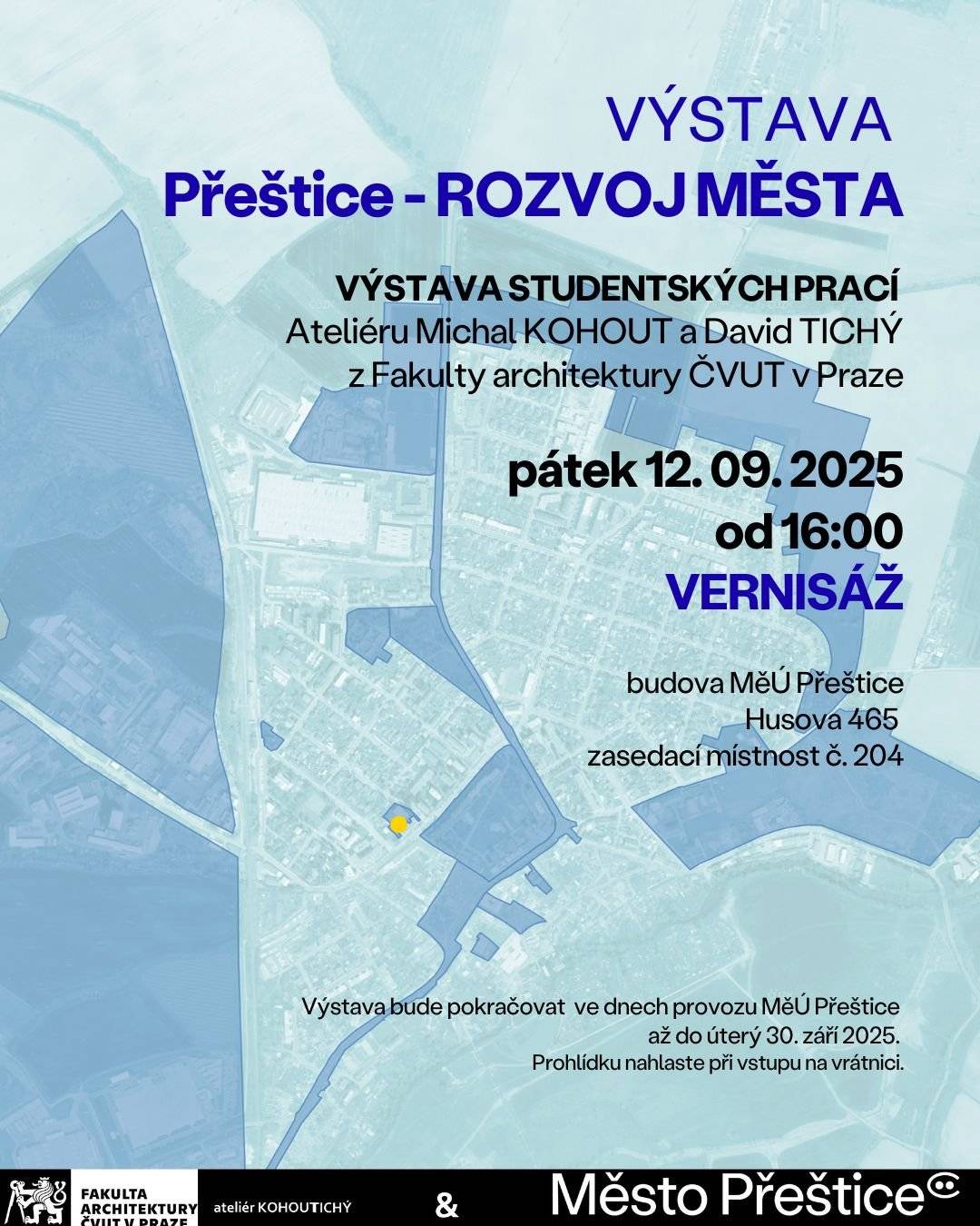 Srdečně vás zveme na vernisáž výstavy studentských návrhů a vizí pro budoucí rozvoj Přeštic. Přijďte se podívat, jak studenti Fakulty architektury ČVUT v Praze vidí možnosti zlepšení veřejného prostoru a života v našem městě. 🗓 Datum konán vernisáže: pátek 12. 9. 2025 od 16:00 → Výstava bude přístupná do 30. 9. 2025 📍 Místo: zasedací místnost č. 204, MěÚ Přeštice (Husova 465)   Studentské práce naznačují, jak zkvalitnit veřejná prostranství, jak využít potenciál prostoru u řeky, kde a jak intenzivněji využít vnitřní prostor města, jak řešit komplikovaná transformační území, jak více propojit město s prostorem za železnicí i jak se může proměnit stávající panelový blok. Cílem studentských projektů bylo navrhnout celkovou vizi udržitelného rozvoje města založenou na posílení kvality městské zástavby a stávajících hodnot města. 👉 Přijďte a zapojte se do diskuse o rozvoji našeho města!