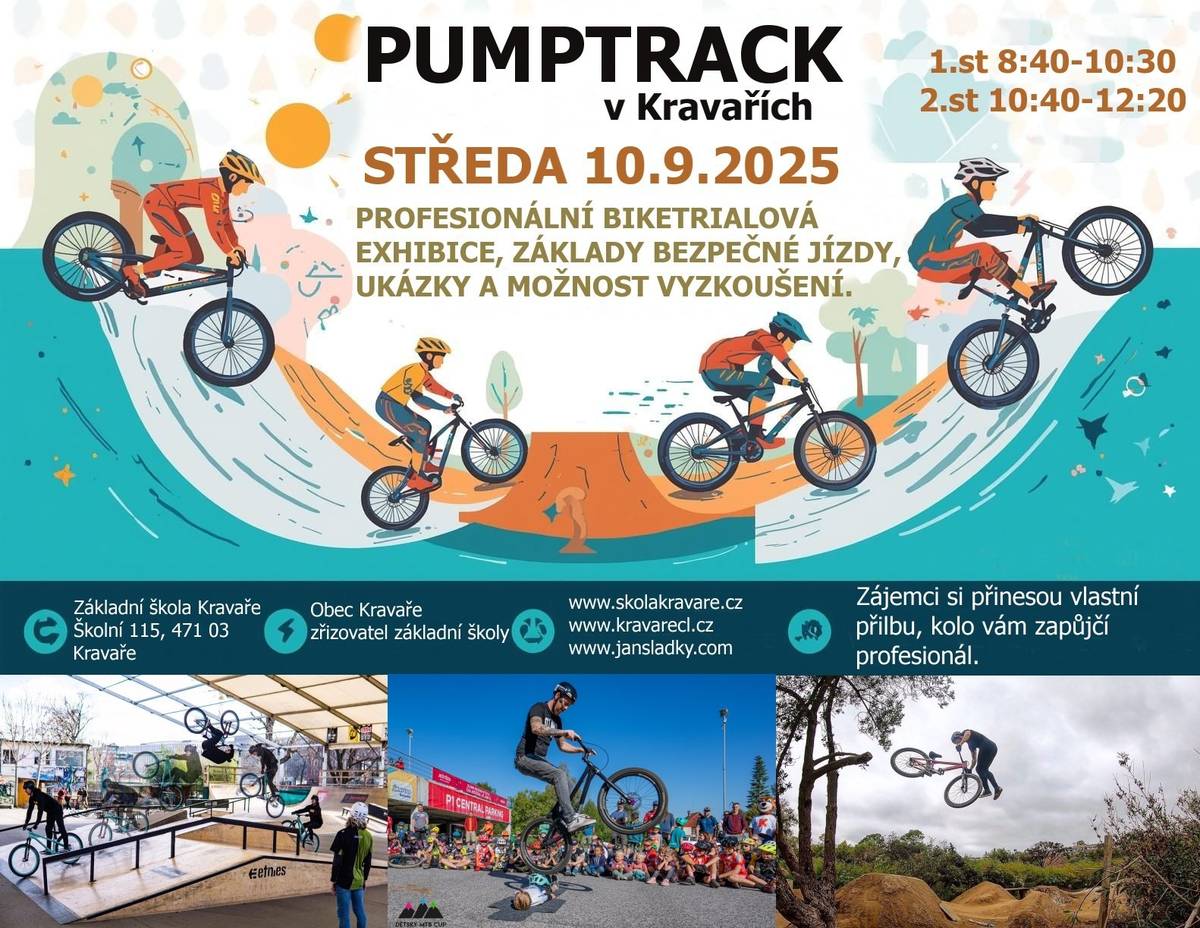 Již zítra se slavnostně otevře PUMPTRACK dráha za školou. Chystá se velkolepá bike trialová exhibice profesionálního jezdce a sportovce Evropské úrovně Jana Sladkého na skvělém a fungl novém PUMPTRACKu za školou. Představení bude jistě skvělé, skoky vysoké a nebezpečné, ale zároveň se všichni dozvíme základy bezpečné jízdy na takovém hřišti a budeme si to moct také vyzkoušet na kolech, která nám pro tento účel pan Sladký zapůjčí. Výhodou bude mít vlastní helmu!  Pokud byste měli dopoledne čas, přijďte se podívat.