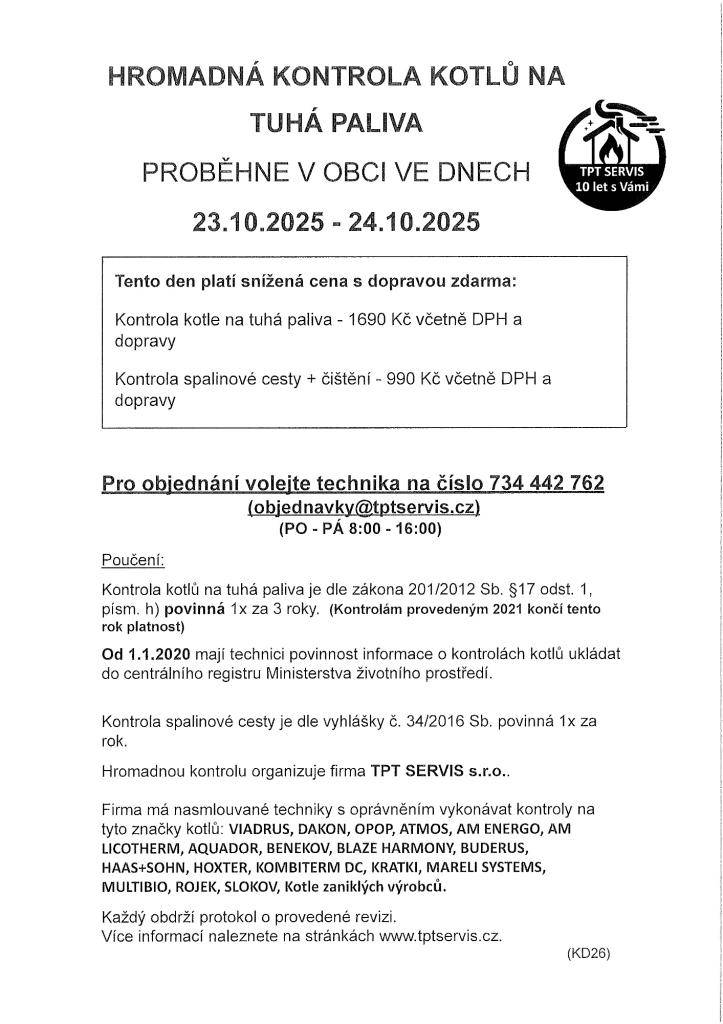 Hromadná kontrola kotlů na tuhá paliva ve dnech 23.10.2025 - 24.10.2025