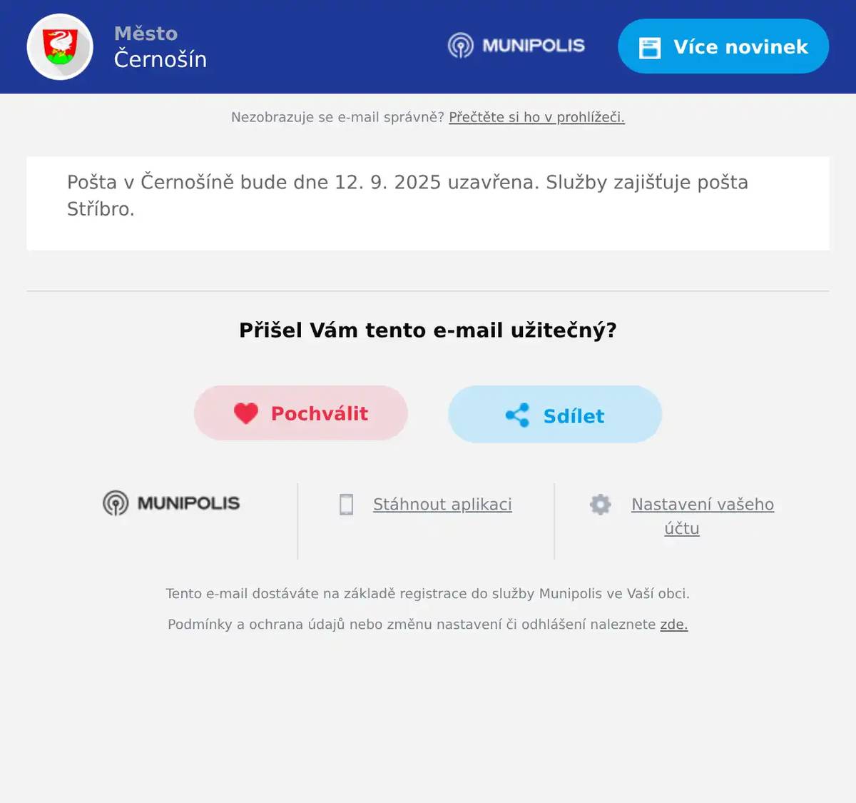 Pošta v Černošíně bude dne 12. 9. 2025 uzavřena. Služby zajišťuje pošta Stříbro.