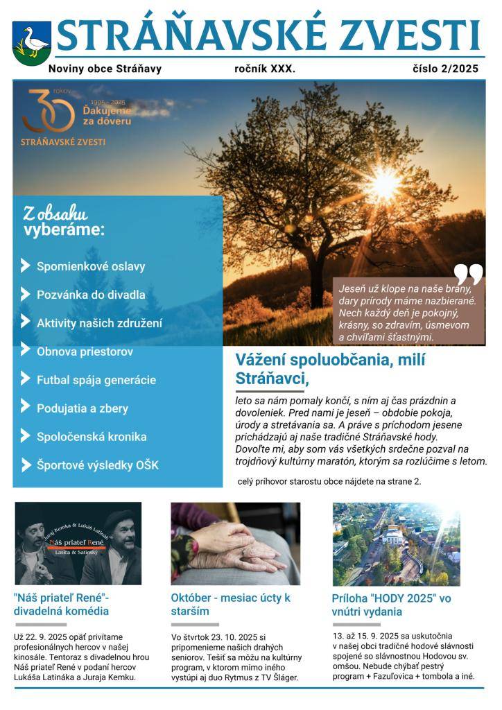 Vážení občania, ponúkame vám nové vydanie Stráňavských zvestí. Druhé vydanie prináša aj prílohu HODY 2025.   Prajeme vám pestré predhodové čítanie.