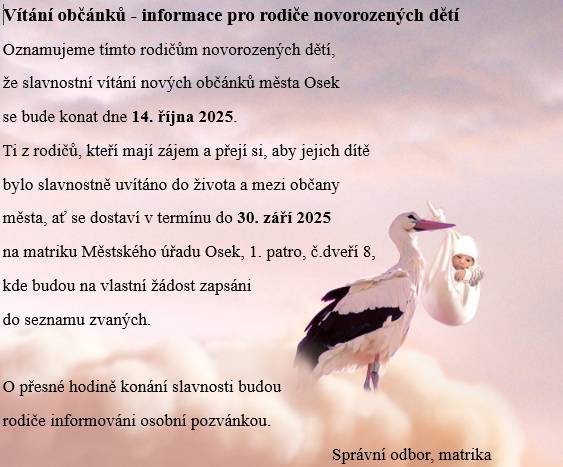 Město Osek zve rodiče novorozených dětí na slavnostní vítání občánků