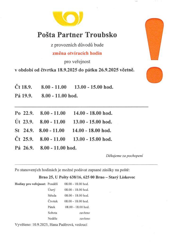 Změna otvíracích hodin - pošta Partner Troubsko