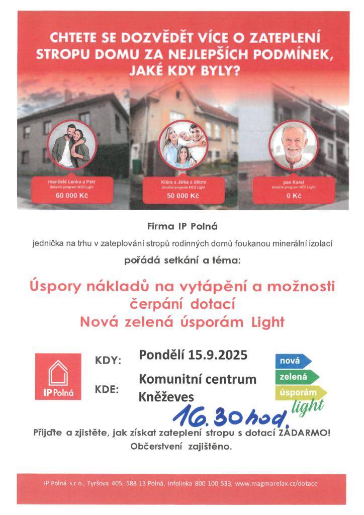 Komunitní centrum v 16,30hod., zateplení stropů, fotovoltaika,