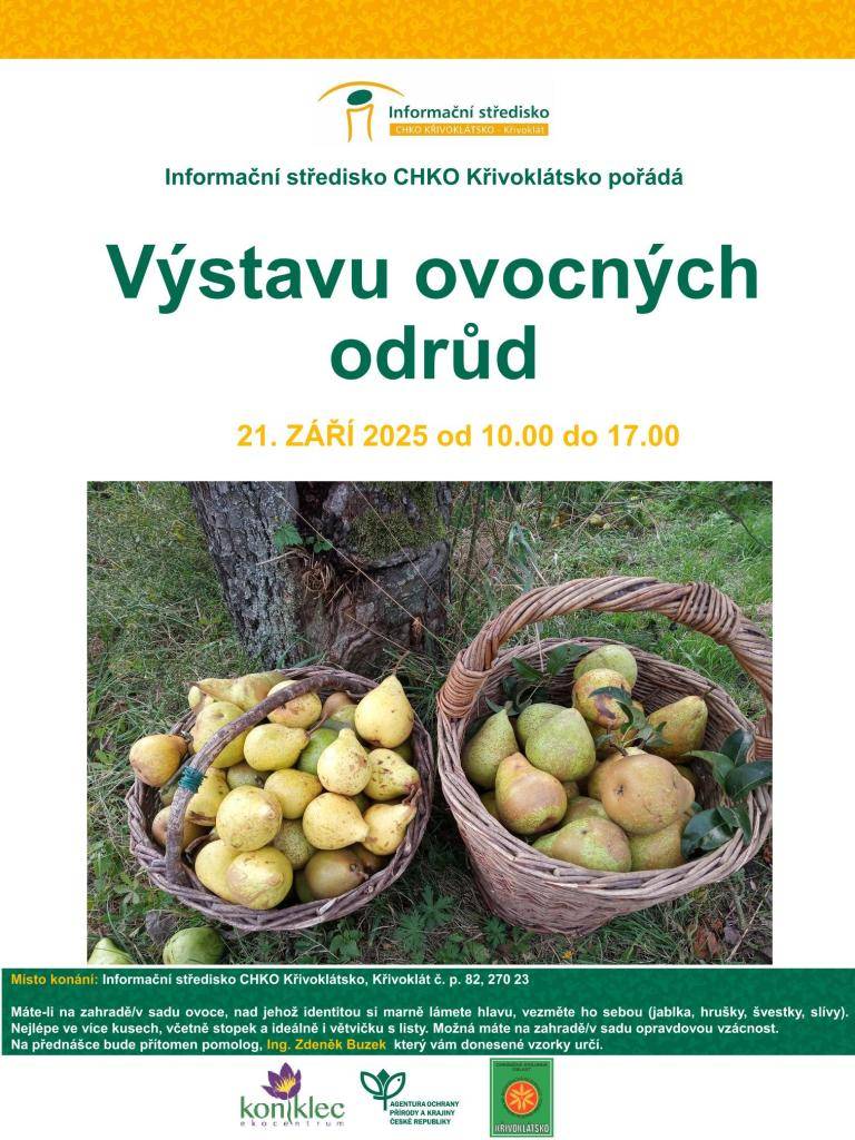 Informační středisko CHKO Křivoklátsko pořádá výstavu ovocných odrůd, kde můžete přinést své vzorky ovoce k identifikaci. Akce se koná 21. září 2025 od 10.00 do 17.00.