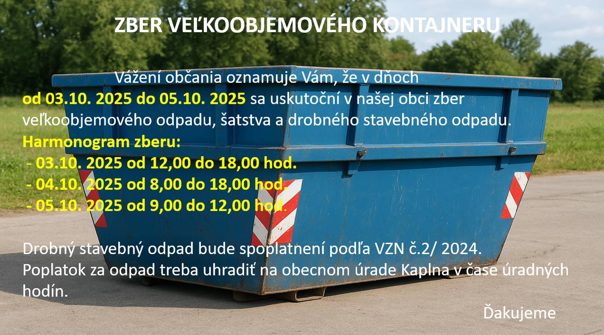V dňoch od 3.10. do 5.10. 2025 sa uskutoční v našej obci zber veľkoobjemového odpadu.