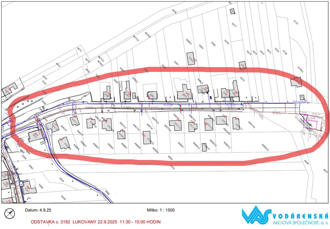 1. Dům zdraví Zastávka oznamuje, že MUDr. Valeš nebude ordinovat od středy 10.9. do pátku 12.9.2025, sestra bude přítomna. Zastupuje MUDr. Pokorná. MUDr. Kubešová nebude ordinovat od pondělí 15.9. do pátku 19.9.2025, sestra bude přítomna. Zastupuje MUDr. Valeš. 2. Obecní úřad Lukovany oznamuje čtenářům, že ve čtvrtek 11.9.2025 bude knihovna uzavřena z důvodu čerpání řádné dovolené. 3. Drůbežárna Prace bude v sobotu 13.9.2025, na Točně, ve 12:15 hodin, prodávat roční slepice, mladé kuřice, brojlerová kuřata a káčata, krmivo pro drůbež a králíky a vitamínové doplňky. Dále bude vykupovat králičí kožky - cena 10 Kč za 1 kus. 4. Vodárenská společnost oznamuje, že v pondělí 22.9.2025, od 11:30 do 15:00 hodin, bude přerušena dodávka pitné vody v úseku od ČOV po místní část Baliny, viz připojená mapka. 5. Obecní úřad Lukovany se obrací se žádostí na občany, kteří mají zájem zapojit se do systému sběru odpadu "Door to door" a doposud si nepřevzali barevné nádoby na odpad, aby se neprodleně přihlásili na obecní úřad, za účelem jejich převzetí. Děkujeme za spolupráci.