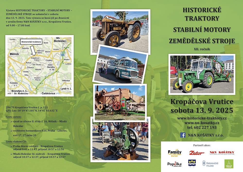 Dne 13.9.2025 se koná XII. ročník výstavy HISTORICKÝCH TRAKTORŮ - STABILNÍCH MOTORŮ A ZEMĚDĚLSKÝCH STROJŮ.