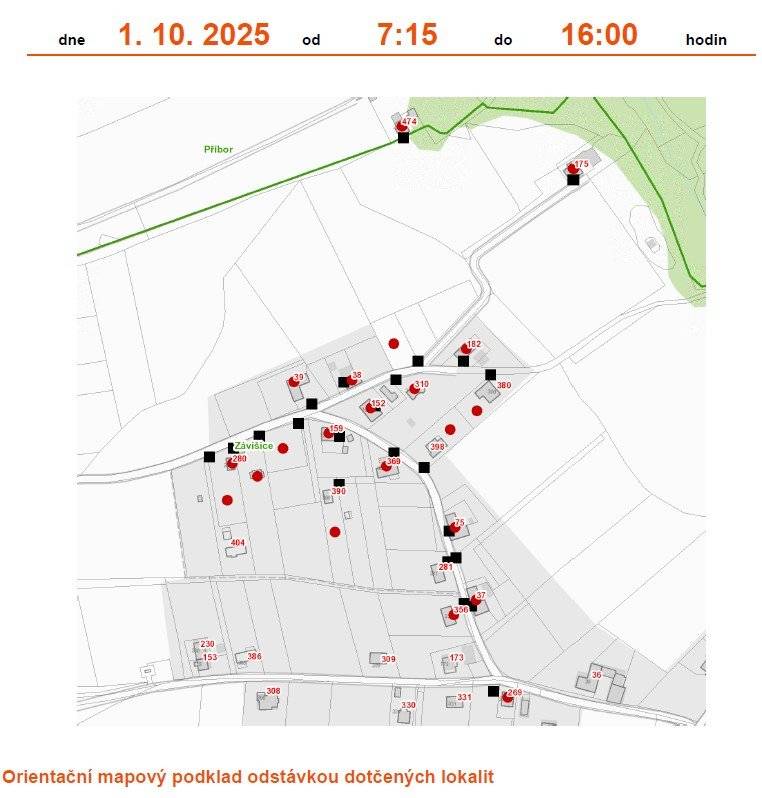 Dovolte, abychom Vás informovali o plánovaném přerušení dodávky elektrické energie v katastru Vaší obce dne 1. 10. 2025 od 7:15 do 16:00 v rozsahu uvedeném v příloze této zprávy. Jedná se o: č. p. 37, 38, 39, 75, 152, 159, 175, 182, 269, 280, 310, 356, 369 kat. území Závišice (kód 791261): parcelní č. 1070/1, 1071, 1080/8, 1080/16, 1090, 1132/1, 1132/5, 1148/24  Přerušení dodávky elektrické energie je nutné z důvodu plánovaných prací na distribuční soustavě, které jsou nezbytné pro zajištění bezpečných a spolehlivých dodávek elektřiny.