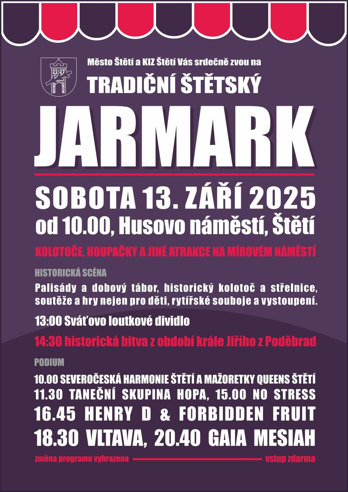 Město Štětí zve na Tradiční štětský Jarmark. Akce proběhne v sobotu 13. září na Husově náměstí. Začátek v 10 hodin. Program na historické scéně: od 13 hodin Štěpánčino divadlo pro děti, od 14:30 Historická bitva. Po celý den historický dobový tábor, historický kolotoč a střelnice, soutěže a hry nejen pro děti, rytířské souboje a vystoupení. Program na hlavním podiu: od 10 hodin Severočeská harmonie Štětí a mažoretky Queens Štětí, od 11:30 Taneční skupina HOPA, od 15 hodin kapely No Stress, Henry D a Forbidden Fruit, Vltava, Gaia Mesiah. Po celý den na Mírovém náměstí kolotoče a další atrakce pro děti. Česká asociace Dračích lodí zve tento víkend, v sobotu 13. září a v neděli 14. září na Mistrovství České republiky Dračích lodí v Račicích – Labe aréně. Vstupné na závody zdarma. Od pátku 12. září do neděle 14. září 2025 budou v místních částech přistaveny kontejnery na objemný odpad. Kontejnery budou přistaveny na obvyklých místech. Sbor dobrovolných hasičů Štětí zve na hasičské závody - Podřipská hasičská liga, které proběhnou v sobotu 13. 9. na Městském stadionu ve Štětí. Florbalový oddíl SK Igráčci Štětí zve malé sportovce do svých řad. Zapojit se může každý od 6 do 14 let. Časy a místa tréninků na webových stránkách florbal-steti.cz nebo na facebookových stránkách oddílu.