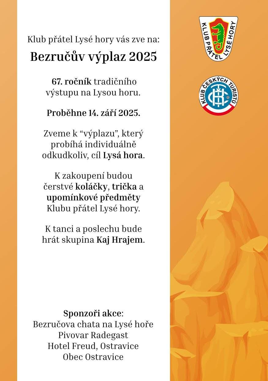 Klub přátel Lysé hory Vás zve na Bezručův výplaz dne 14.9.2025. Výplaz probíhá individuálně odkudkoliv, cíl Lysá hora.
