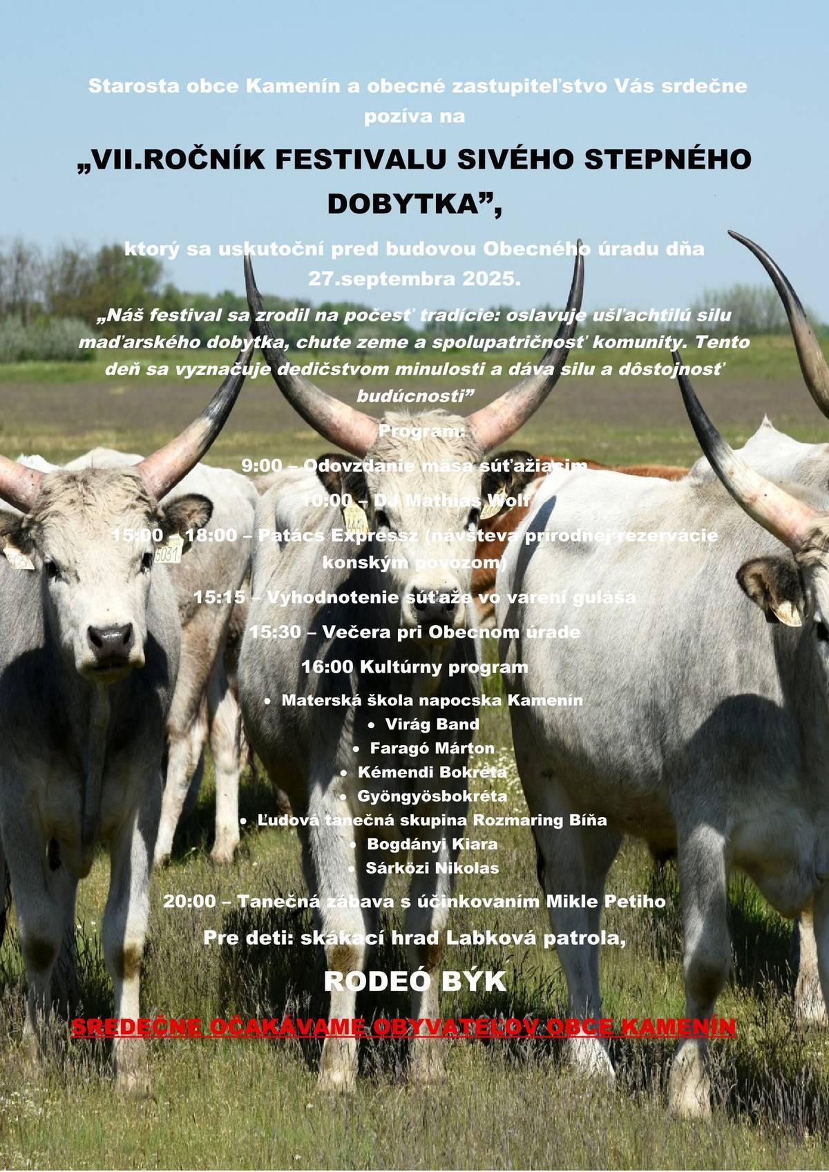 SREDEČNE OČAKÁVAME OBYVATEĽOV OBCE KAMENÍN