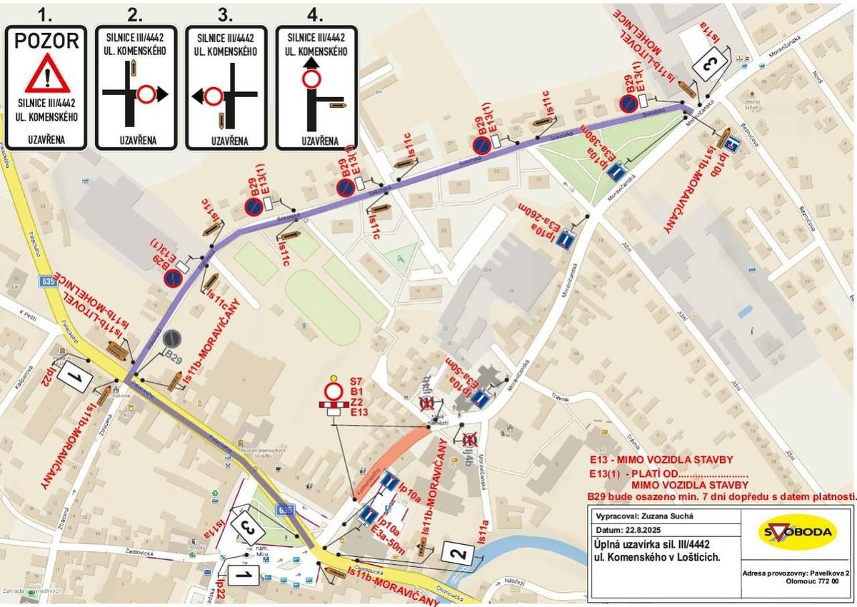 Informujeme občany, že v termínu od 17.09.2025 do 24.09.2025 bude uzavřena ul. Komenského, v úseku od vjezdu na parkoviště za COOPem po Malé náměstí, z důvodu provádění stavebních prací.