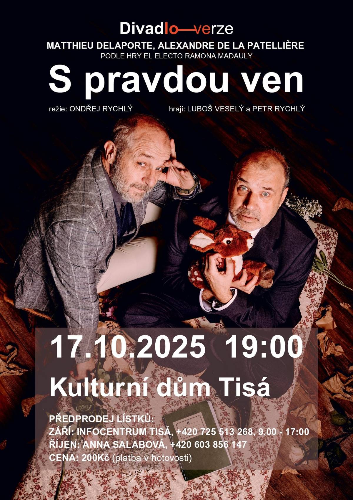 Kandidát na prezidenta se hned po zvolení zabarikáduje ve své pracovně a na scénu přichází vyhlášený psychiatr. Začíná bláznivá komedie plná nečekaných zvratů a smíchu, který vás nenechá vydechnout! 👉 V hlavních rolích Petr Rychlý a Luboš Veselý 📅 17. 10. 2025 🕖 19:00 📍 Kulturní dům Tisá Těšíme se na vás🎭