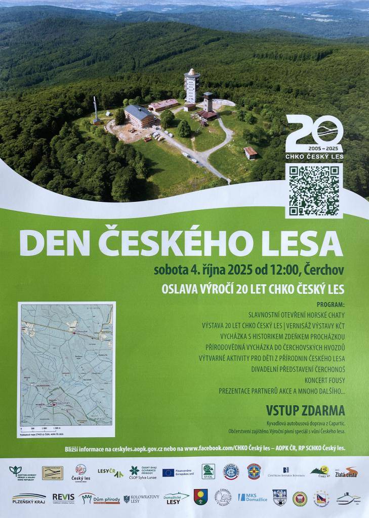 Zveme Vás na oslavu 20. výročí CHKO Český les na Čerchov. U této příležitosti bude slavnostně otevřena horská chata a pozvání je i na vernisáž výstavy "KČT 20 LET CHKO ČESKÝ LES". Součástí programu budou i další aktivity pro děti a dospělé.
