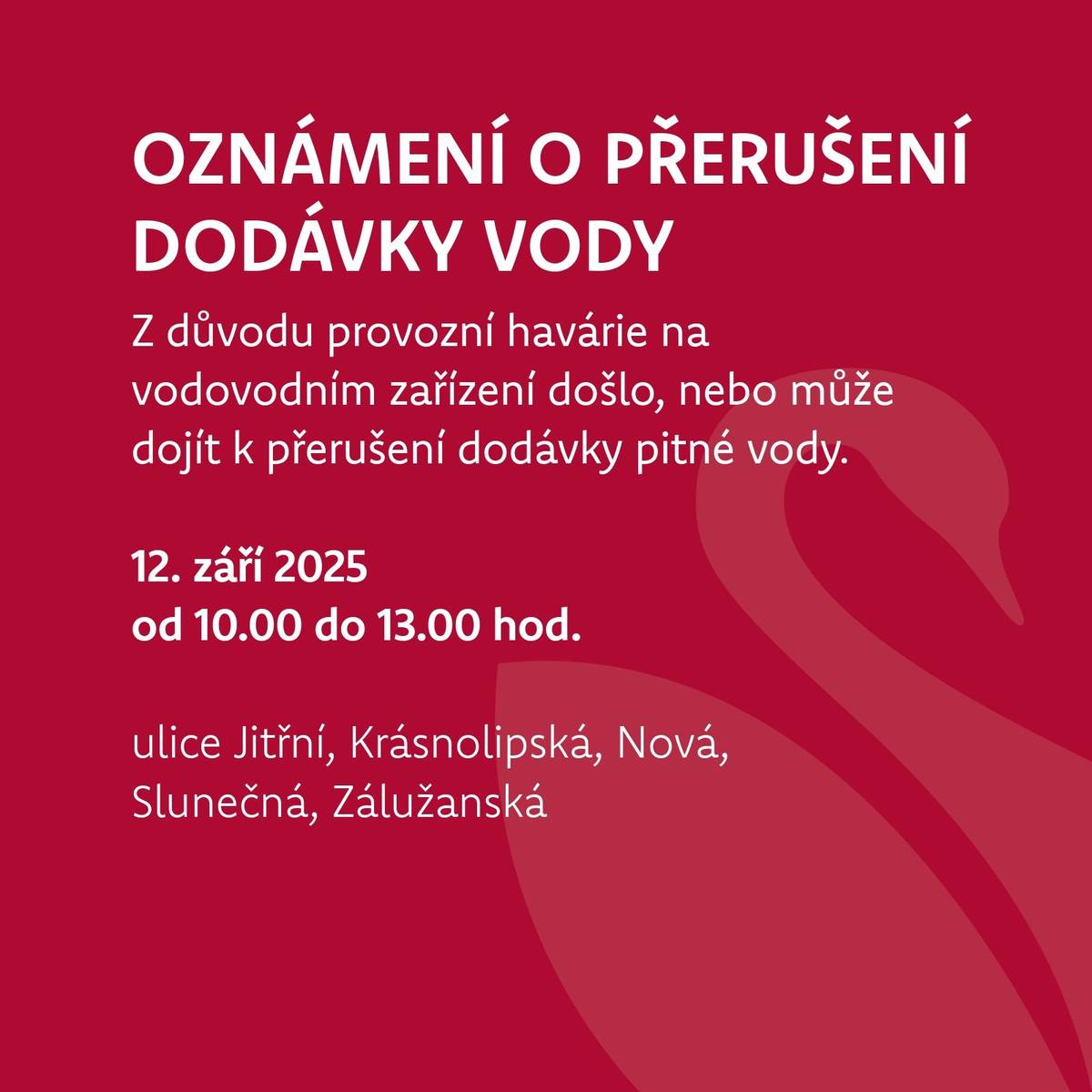 Oznamujeme vám, že z důvodu provozní havárie na vodovodním zařízení došlo, nebo může dojít, k přerušení dodávky pitné vody.  https://www.rumburk.cz/cz/aktuality.html?id_clanky=20013