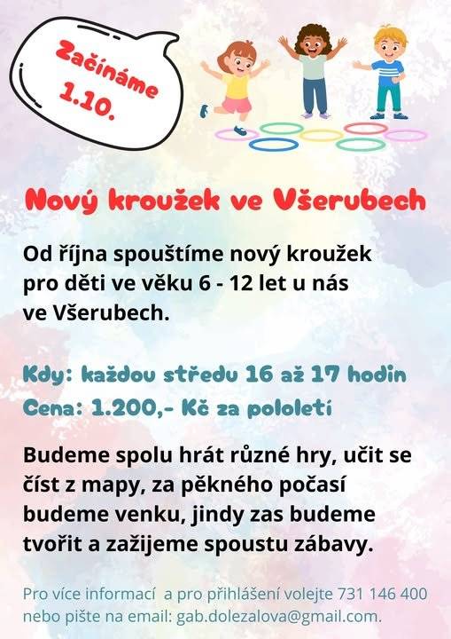 POZOR POZOR POZOR, nový kroužek pro holky a kluky od 6 do 12 let u nás ve Všerubech již od 1. 10. Pro více informací pište nebo volejte (731 146 400, gab.dolezalova@gmail.com).   Budeme se na vaše dětičky těšit a věříme, že spolu zažijete spoustu legrace.