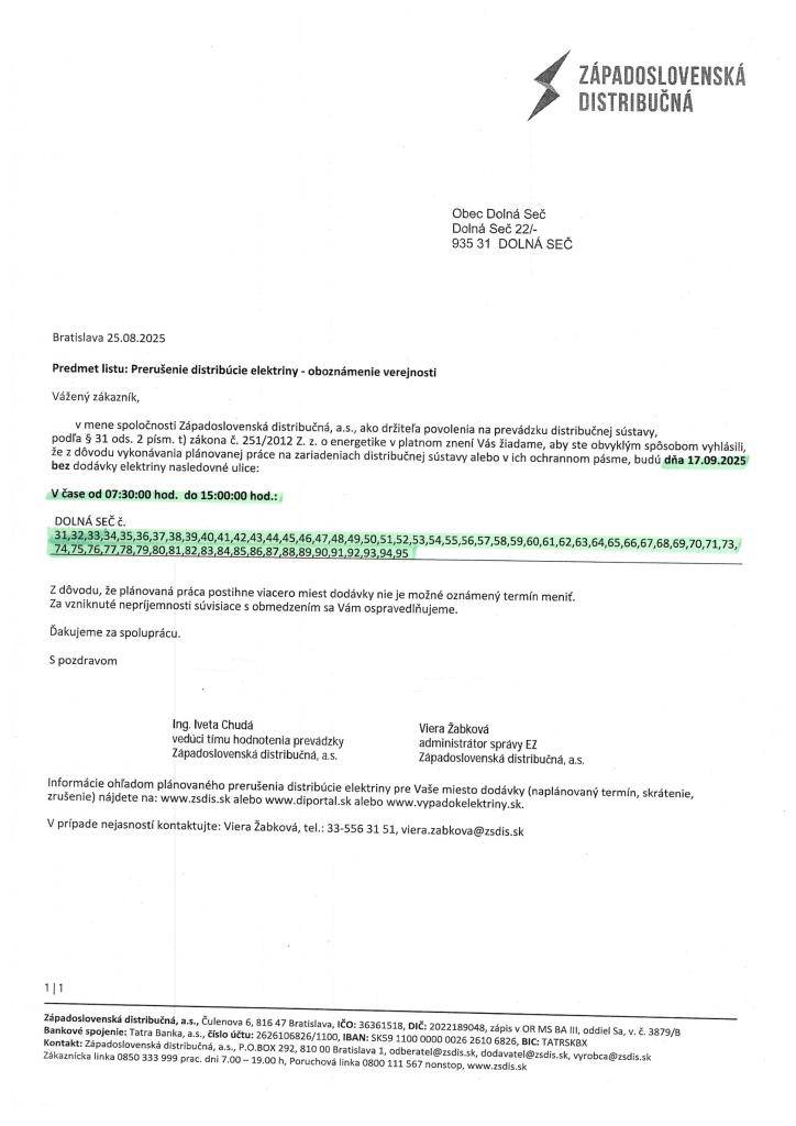 Prerušenie distribúcie elektriny 17.09.2025