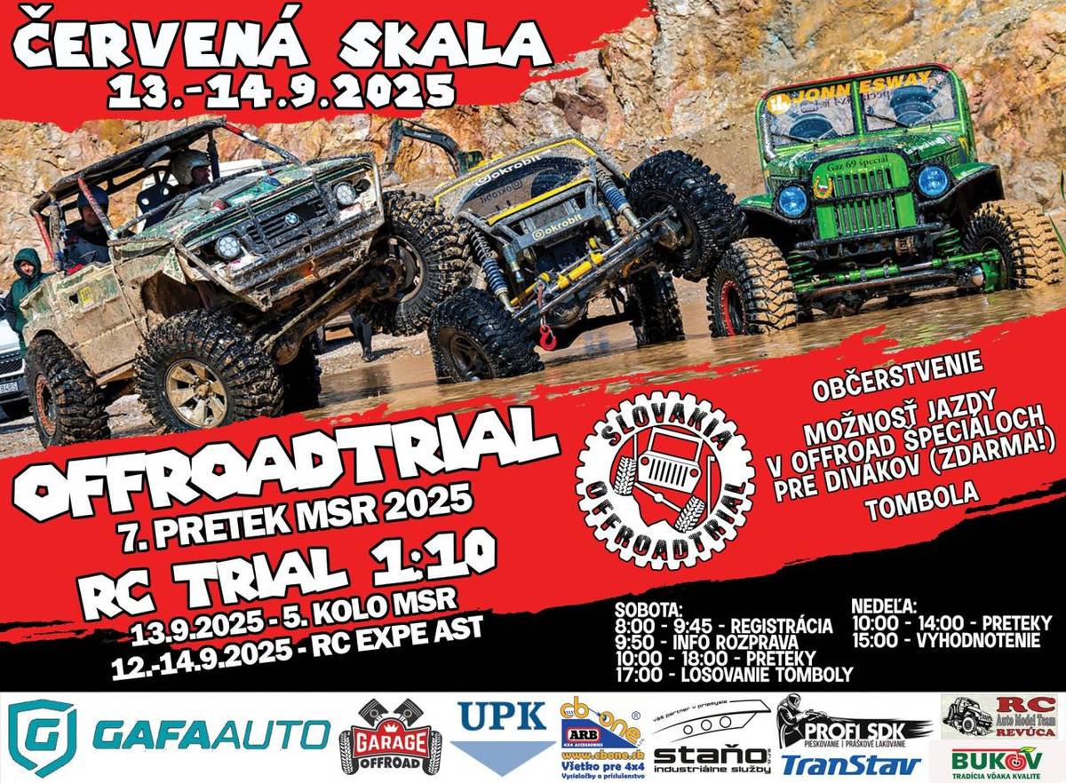 Pozývame Vás na 7. pretek MSR v Offroadtriale 2025!  Pretek sa uskutoční v kameňolome v Červenej Skale  13.-14.9.2025 a môžete sa tešiť na adrenalínové jazdy rôznych pretekárov zo SR, ČR, Maďarska, Rakúska!  V 5 sekciách budú jazdiť komplet vyskladané offroad špeciály, ale aj originál vozy bez úprav