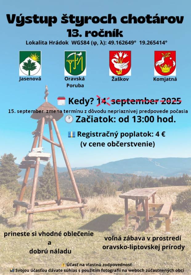Stretnutie 4 chotárov - Jasenová, Oravská Poruba, Žaškov a Komjatná sa z dôvodu predpovede nepriaznivého počasia prekladá na pondelok 15.9.2025 so začiatkom o 13. hod. v lokalite Hrádok.  Tešíme sa na Vás.