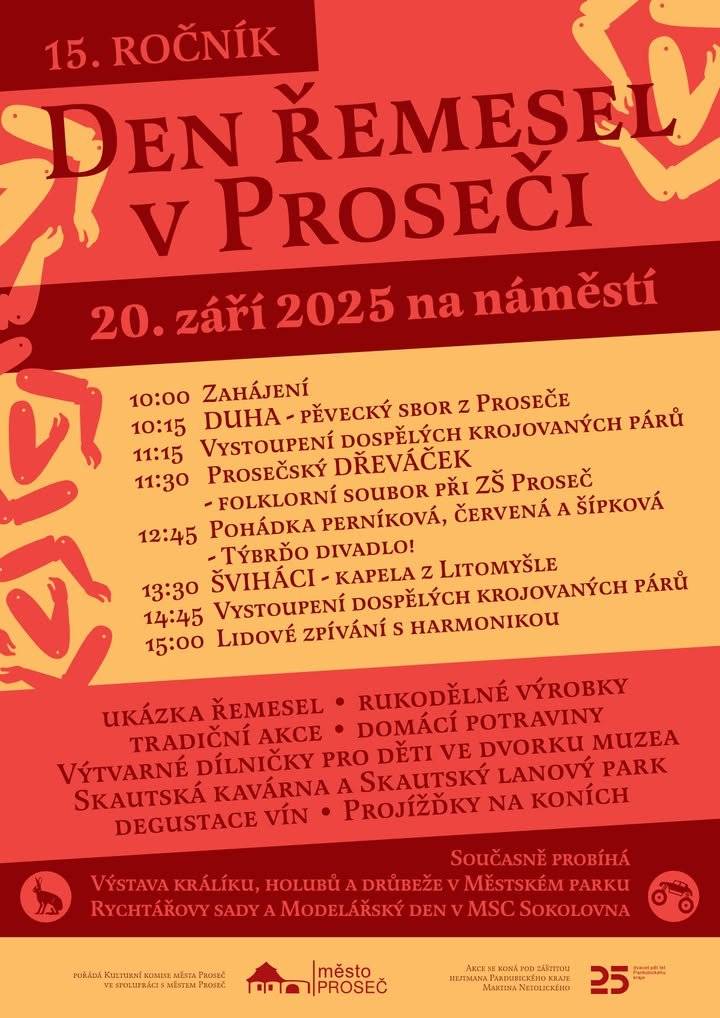 Sobota 20. září bude v Proseči ve znamení řemesel, lidové kultury a různé zábavy pro děti i dospělé.  V 10 hodin začíná Den řemesel na náměstí, v Rychtářových sadech bude probíhat prodejní Výstava králíků, holubů a drůbeže a v MSC Sokolovna se po celý den koná Modelářský den. Na této akci nesmíte chybět. :)