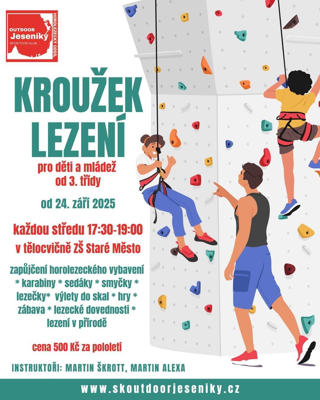 Sportovní klub Outdoor Jeseníky s radostí oznamuje, že od třetího zářijového týdne opět startuje s lezením v tělocvičně školy ve Starém Městě!  Kroužek lezení pro děti bude probíhat každou středu od 17:30 do 19:00 – těšíme se na všechny malé lezce, začátečníky i pokročilé!   Lezení pro veřejnost: Každé pondělí od 17:00 do 19:00 Každou středu od 19:00 do 21:00 Přijďte si zalézt, protáhnout tělo a užít si skvělou atmosféru naší stěny. Všichni jste srdečně vítáni!