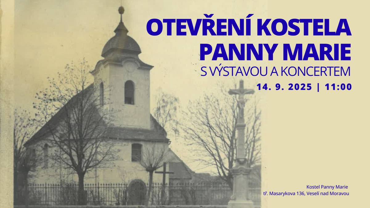 V neděli 14. září vás srdečně zveme do kostela Panny Marie, kde od 11:30 proběhne slavnostní zahájení výstavy „Naše kostely z pohlednic a fotografií 1898–1945“ a od 16:00 se můžete těšit na koncert s duchovní tématikou. Po více než 30 letech se v kostele opět uskuteční výstava – „Naše kostely z pohlednic a fotografií 1898–1945“. Pohlednice a fotografie připravil ze svého archivu a archivu Veselského kulturního centra pan Jiří Peša. Výstava se koná u příležitosti Dne památek a nabídne jedinečný pohled na historii našich kostelů. Od 16 hod. se můžete těšit na koncert Jiřího Kováře s duchovní tématikou.  Kostel Panny Marie je nejstarším dochovaným kostelem na území Veselí. Nachází se v samotném centru města u jedné z hlavních křižovatek. Jeho původ sahá do 2. čtvrtiny 13. století, kdy byl postaven v románsko-gotickém slohu a zasvěcen sv. Bartoloměji. První písemná zmínka o něm pochází z roku 1360. V 17. století se v kostele nacházel hlavní oltář sv. Bartoloměje a tři boční oltáře zasvěcené sv. Anně, sv. Janu Nepomuckému a sv. Cyrilu a Metoději. Presbytář měl klenutý strop, zatímco loď kryl strop dřevěný. Během 18. století prošel kostel výraznou barokní přestavbou – byla postavena nová sakristie, upravena okna, roku 1744 získal novou střechu a věž. Ta však byla roku 1768 zasažena bleskem a shořela. Barokizace byla dokončena kolem roku 1780. Po výstavbě nového farního kostela ve Veselí (1733–1741) začal kostel Panny Marie postupně sloužit hlavně jako pohřební kaple a roku 1783 byl oficiálně prohlášen hřbitovní kaplí. Areál kostela zdobí barokní sochy sv. Floriána a sv. Vendelína z poloviny 18. století a také pamětní kříž – hodnotná kamenická práce z roku 1828. V interiéru jsou cenné obrazy křížové cesty z počátku 19. století. Kostel byl obklopen hřbitovem, který byl zrušen až roku 1834. Od té doby se zde již pravidelné bohoslužby nekonají. Dodnes je kostel Panny Marie cennou historickou památkou připomínající nejstarší duchovní dějiny města Veselí.