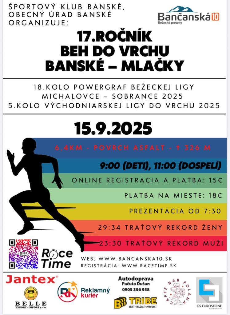 Už  v pondelok 15.09.2025 (štátny sviatok) sa uskutoční v obci Banské v poradí 17. ročník beh do vrchu Banské – Mláčky 2025.