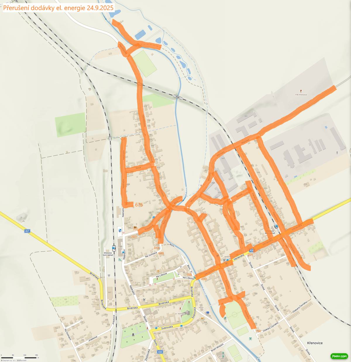 Z důvodu plánovaných prací na zařízení distribuční soustavy bude v částech naší obce dne 24. 9. 2025 přerušena dodávka elektrické energie. Odstávka číslo: 250402162 Dne 24.09.2025 od 12:00 do 15:00 hod. Vypnutá oblast: Odběratelská trafostanice Křenovice ZD horní (č. 320062) Odběratelská trafostanice Křenovice ZD dolní (č. 320063) Odběratelská trafostanice Křenovice FVE 1 (č. 702295) část obce Křenovice.