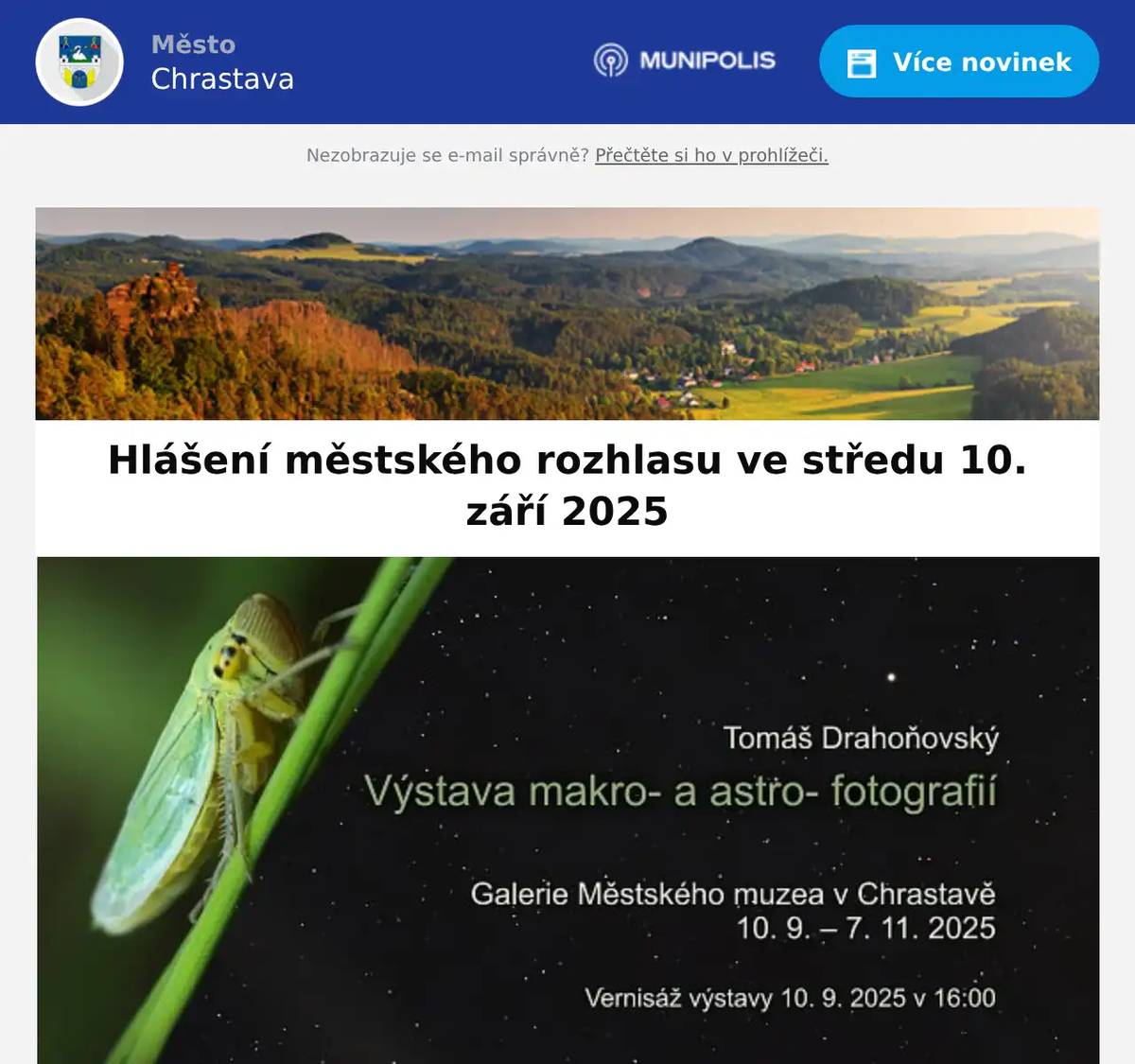 ČEZ oznamuje plánovanou odstávku el. energie dne 11. září 2025 od 7:30 do 16:30 hod. v ul. Nádražní č. p. 206,208,325,368. Bistro Eden zve na pizzu! Kupte dvě velké a třetí máte zdarma. A navíc vás čeká kávový pelikán s horkými nápoji. Přijďte ochutnat! www.vezujidlo.cz tel: 739 809596 Byl nalezen klíč od auta na Střeleckém Vrchu. Více info na tel. 482 363 812.