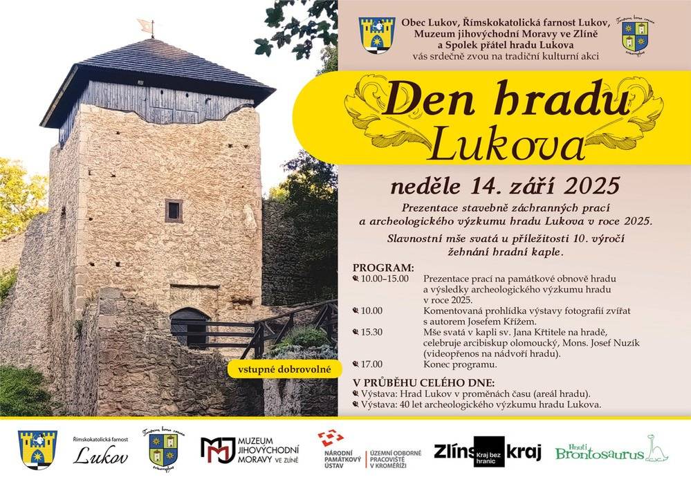 14. 9. 2025 od 10.00 do 17.00 hod. | hrad Lukov Od 14.00 hod. bude na hrad jezdit, pro méně pohyblivé, dodávka SDH Lukov.