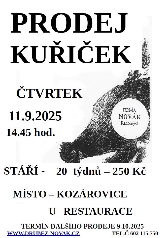 čtvrtek 11.9.2025 od 14:45 hod. před KD Kozárovice