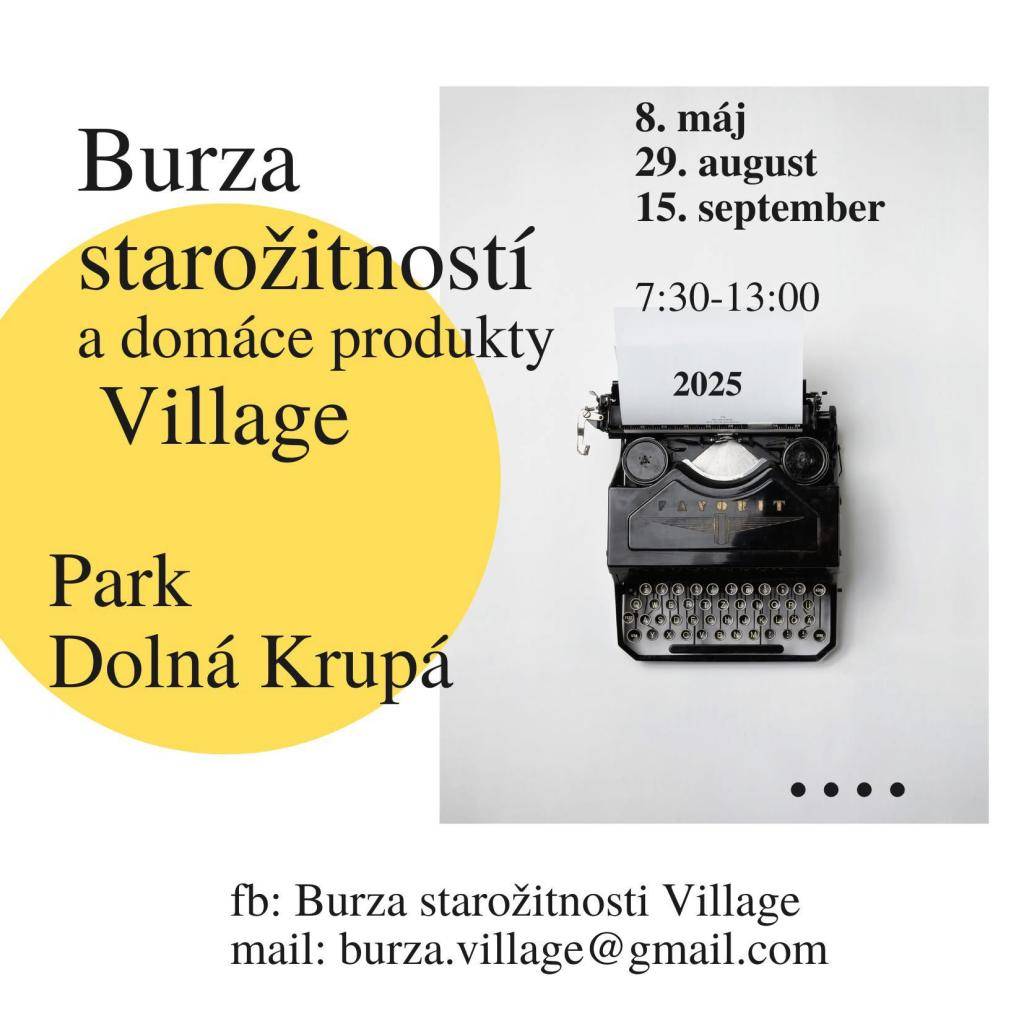 Miestne občianske združenie Vás pozýva na poslednú Burzu starožitností a predaj domácich produktov v tomto roku v Dolnej Krupej.  Tešiť sa môžete nielen na predajcov starožitností, ale aj na domáce produkty ako napríklad: syry, údené mäsové výrobky, med, kytice a podobne.